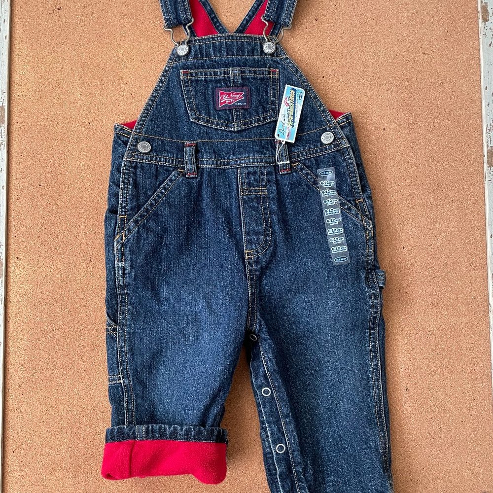 NWT Old Navy Baby Micro Performance Fleece Overalls Jeans Red 6-12